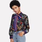 Shein Mixed Print Bow Tie Neck Top