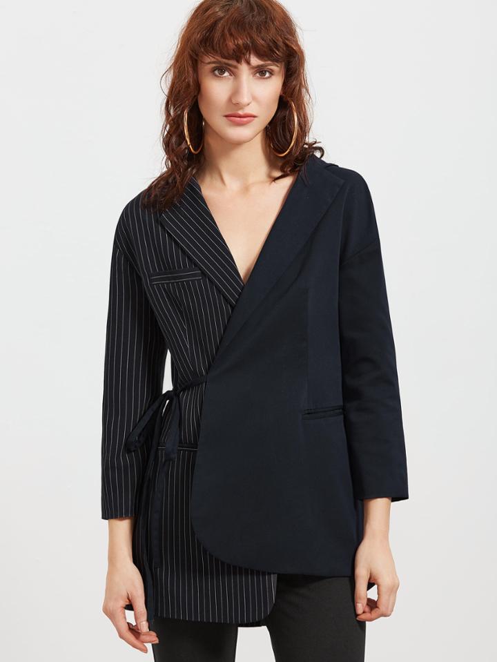Shein Contrast Pinstripe Asymmetric Wrap Blazer