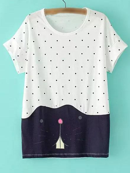 Shein White Short Sleeve Polka Dots Cat Print T-shirt
