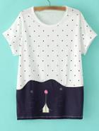 Shein White Short Sleeve Polka Dots Cat Print T-shirt