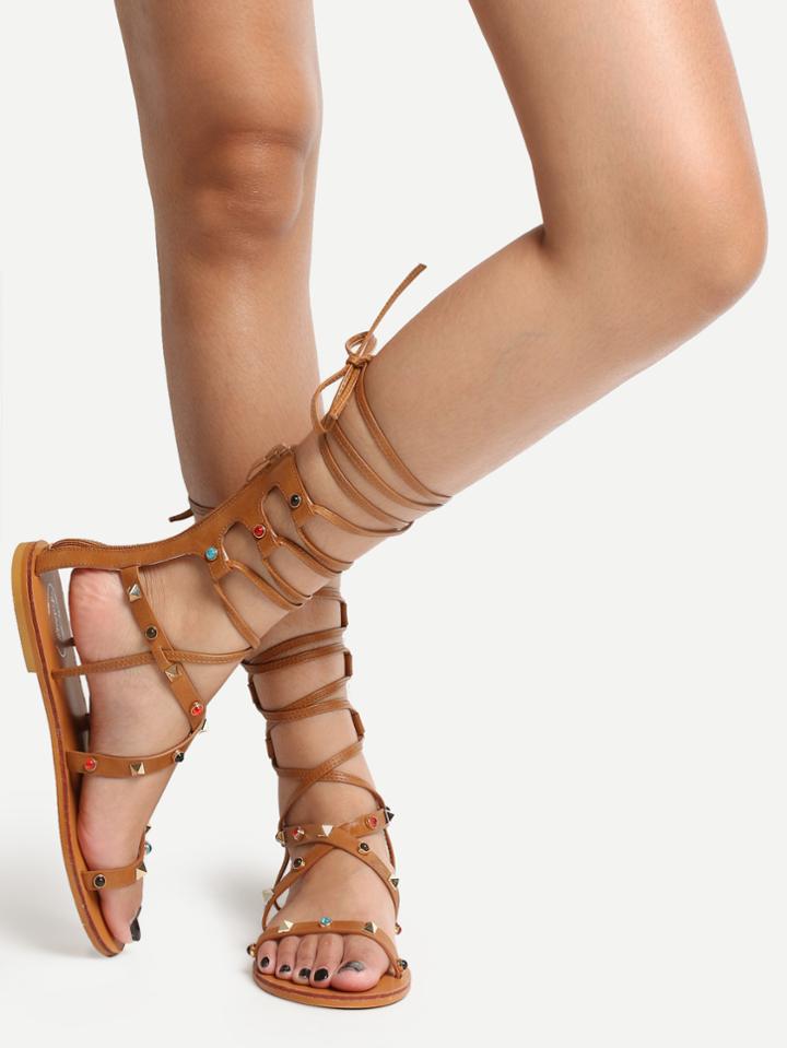 Shein Brown Peep Toe Lace-up Rhinestone Studded Sandals
