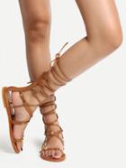 Shein Brown Peep Toe Lace-up Rhinestone Studded Sandals