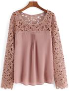 Shein Pink Scoop Neck Lace Splicing Chiffon Blouse