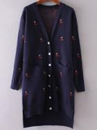 Shein Navy Soldier Pattern Side Slit Dip Hem Button Up Cardigan