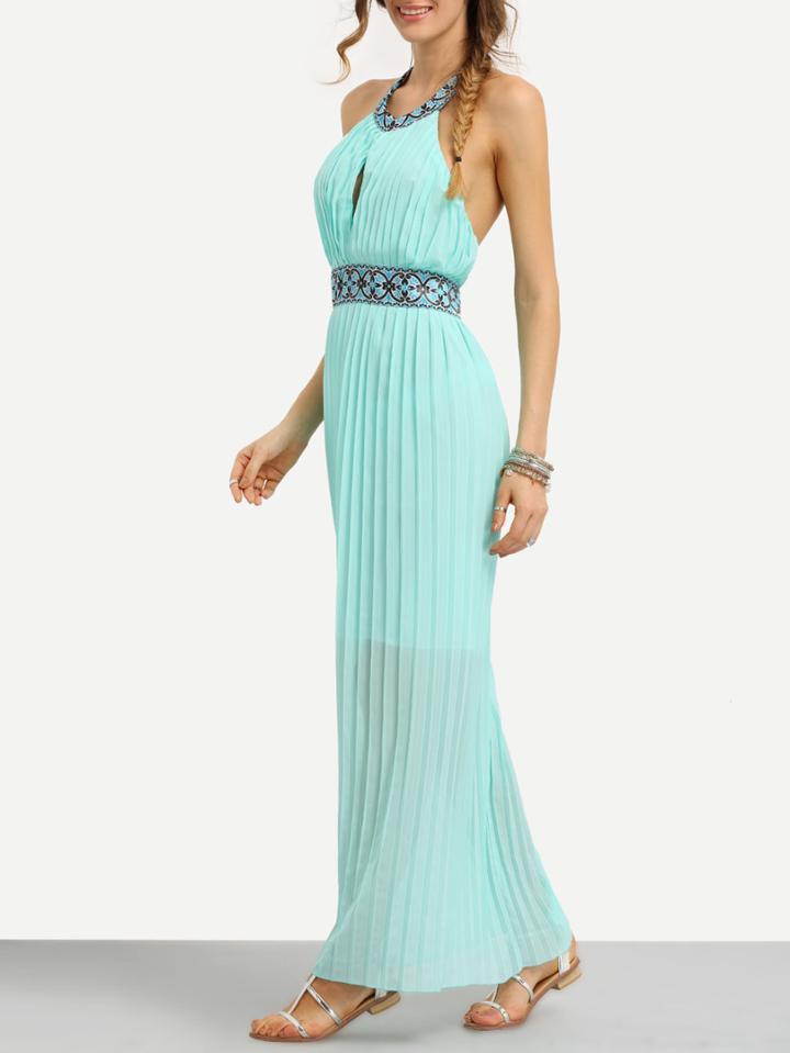 Shein Tribal Tape Embellished Pleated Halter Dress - Mint Green