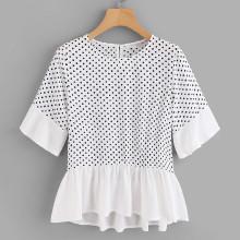 Shein Solid Ruffle Trim Polka Dot Top