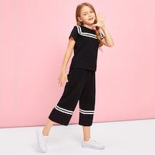 Shein Girls Striped Detail Top & Wide Leg Pants Set