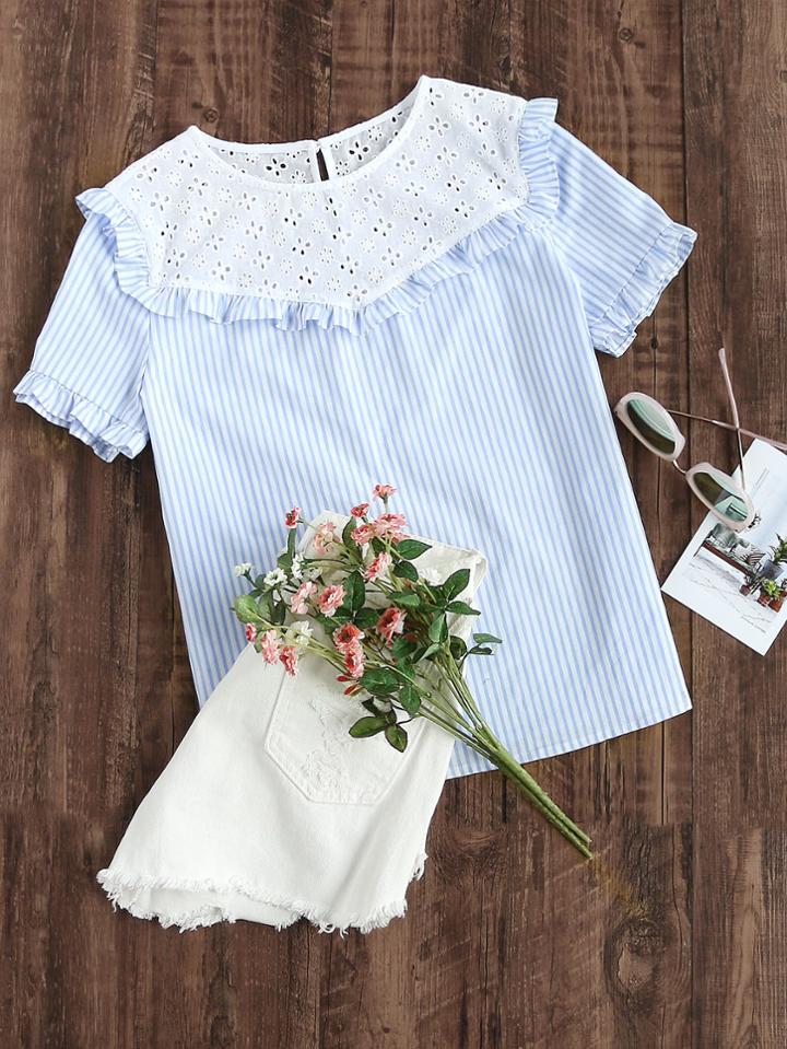 Shein Eyelet Embroidered Yoke Frill Trim Striped Top