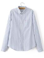 Shein Blue Vertical Striped Seagull Embroidered Pocket Blouse