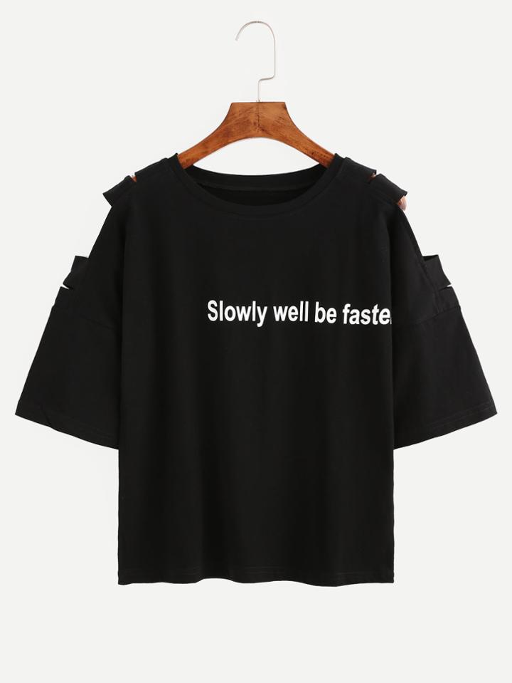 Shein Black Letter Print Open Shoulder T-shirt