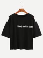 Shein Black Letter Print Open Shoulder T-shirt
