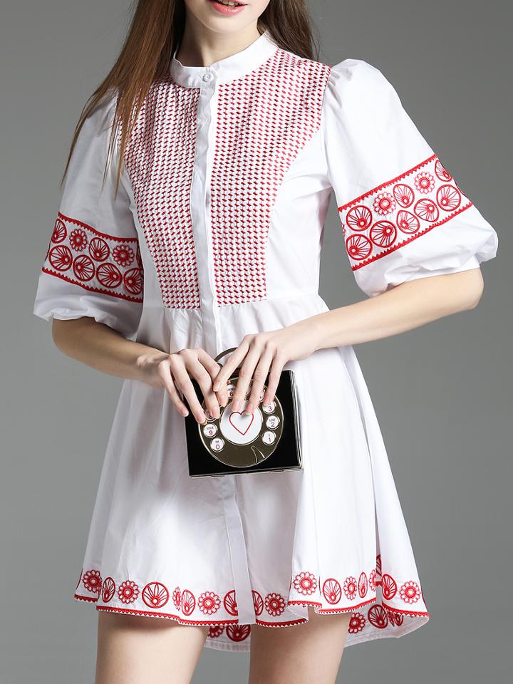 Shein White Puff Sleeve Embroidered A-line Dress