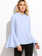 Shein Blue Vertical Striped Keyhole Back Bell Sleeve Blouse