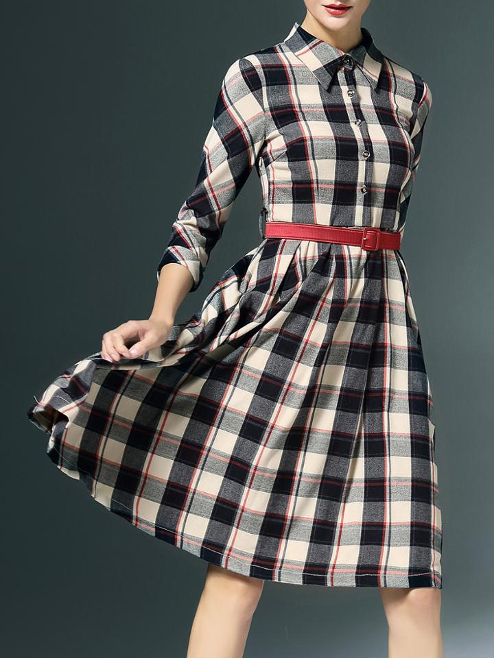 Shein Black Lapel Belted Plaid A-line Dress