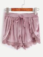 Shein Purple Lace Trim Drawstring Waist Velvet Wrap Shorts