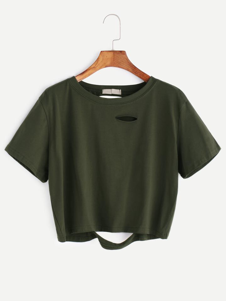Shein Army Green Distressed Crop Tee