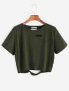 Shein Army Green Distressed Crop Tee