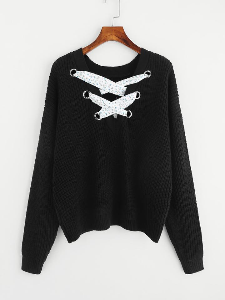Shein Grommet Crisscross Drop Shoulder Jumper
