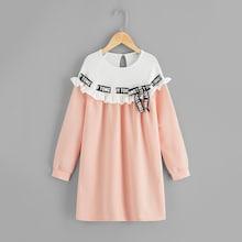 Shein Girls Frill Detail Letter Print Two-tone Dress