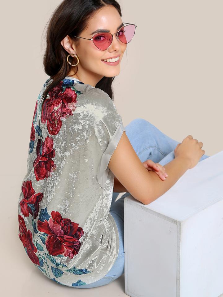 Shein Flower Print Cuffed Velvet T-shirt