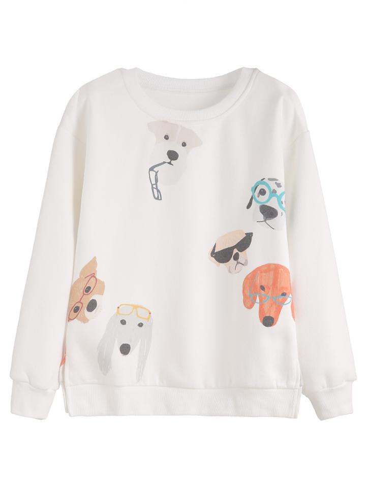 Shein White Dogs Print Slit Side Sweatshirt