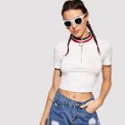 Shein Striped Collar Zip Placket Crop Tee
