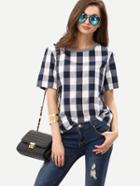 Shein White Royal Blue Check Round Neck T-shirt