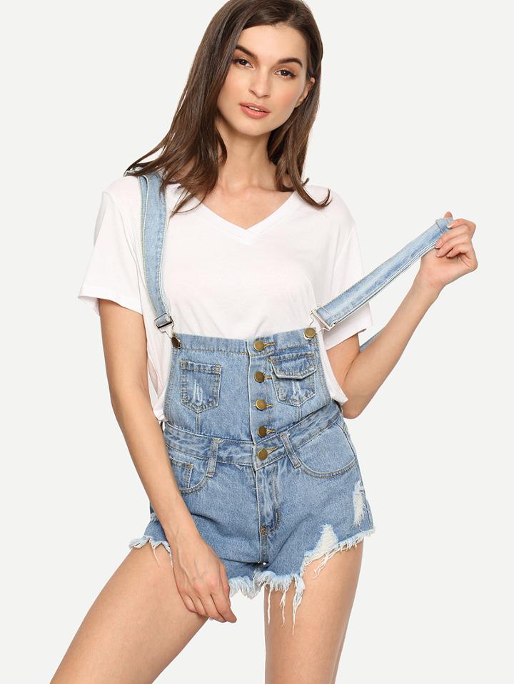 Shein Straps Fringe Denim Romper With Single Breasted