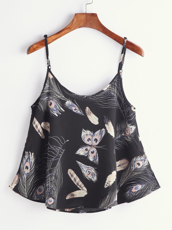 Shein Black Feathers Print Cami Top