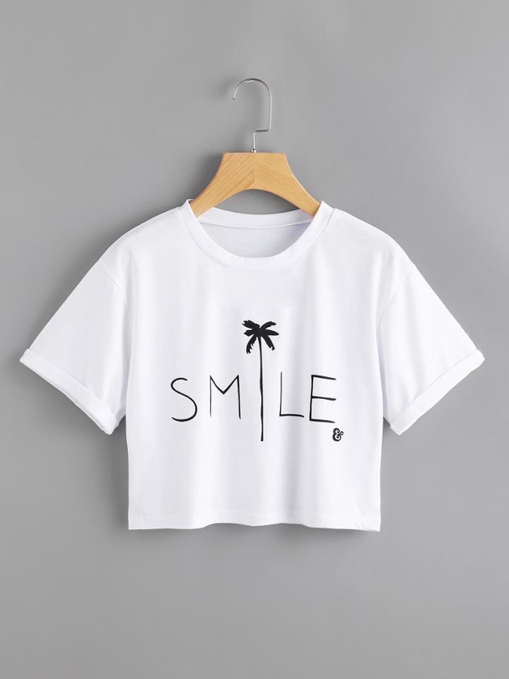 Shein Letter Print Cuffed Tee