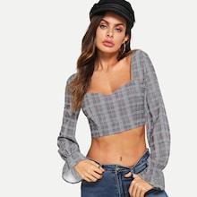 Shein Plaid Flounce Sleeve Crop Blouse