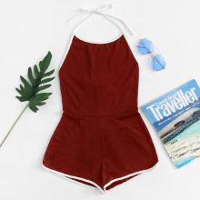 Shein Contrast Trim Open Back Knot Halter Romper
