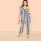 Shein Plus One Shoulder Layered Flounce Striped Jumpsuit