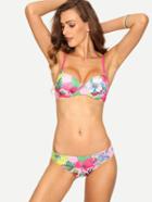 Shein Flower Print Push-up Bikini Set - Pink