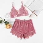 Shein Applique Detail Lace Bralette & Velvet Shorts Set