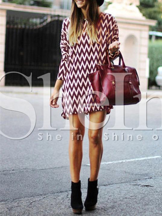 Shein Burgundy Zag Print Shift Dress