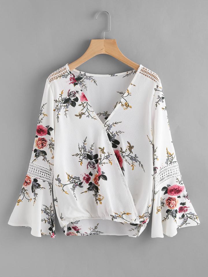 Shein Botanical Print Lace Panel Surplice Top