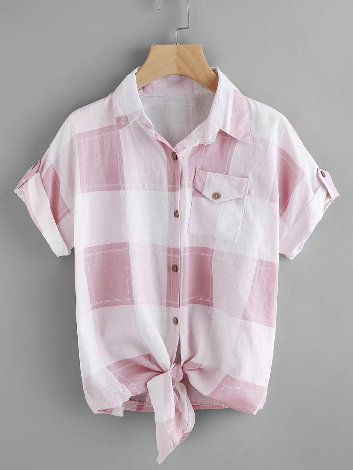 Shein Check Plaid Knotted Hem Shirt