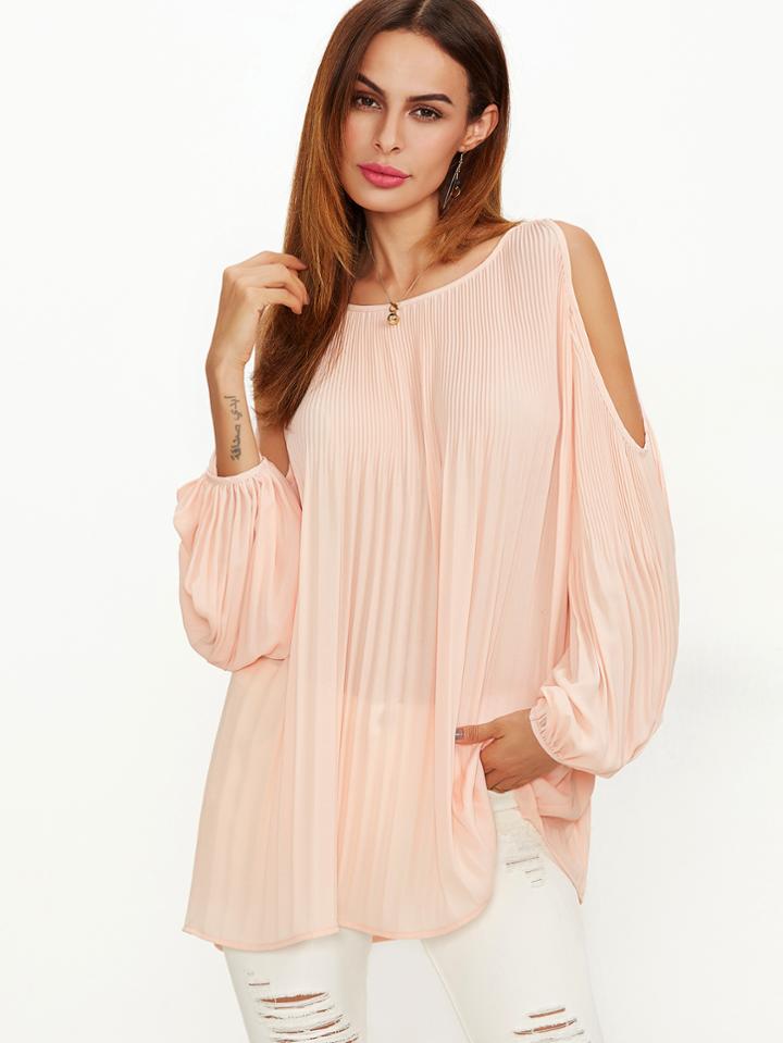 Shein Cold Shoulder Lantern Sleeve Pleated Blouse