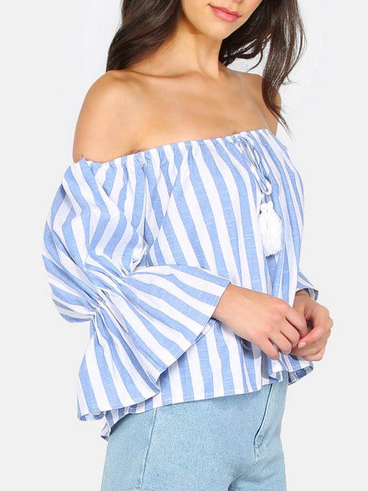 Shein Blue Striped Tassel Tie Off The Shoulder Dress