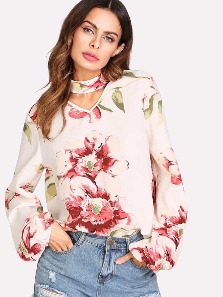Shein Choker Neck Bishop Sleeve Floral Top