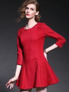 Shein Red Round Neck Length Sleeve Contrast Lace Dress