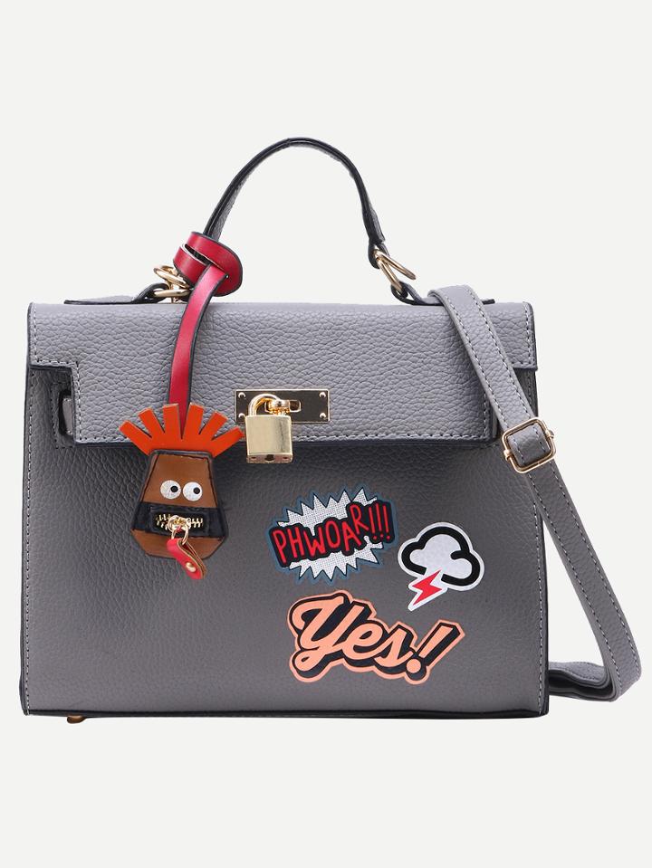 Shein Grey Pebbled Faux Leather Graffiti Print Satchel Bag