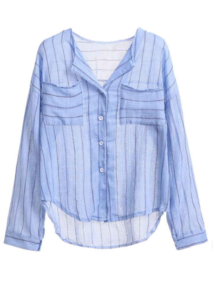 Shein Blue Striped Dip Hem Blouse With Pockets