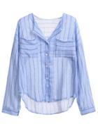 Shein Blue Striped Dip Hem Blouse With Pockets