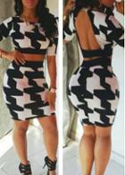 Rosewe Houndstooth Pattern Open Back Two Piece Dress