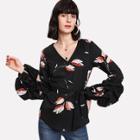 Shein Flower Print Gathered Sleeve Curved Hem Top