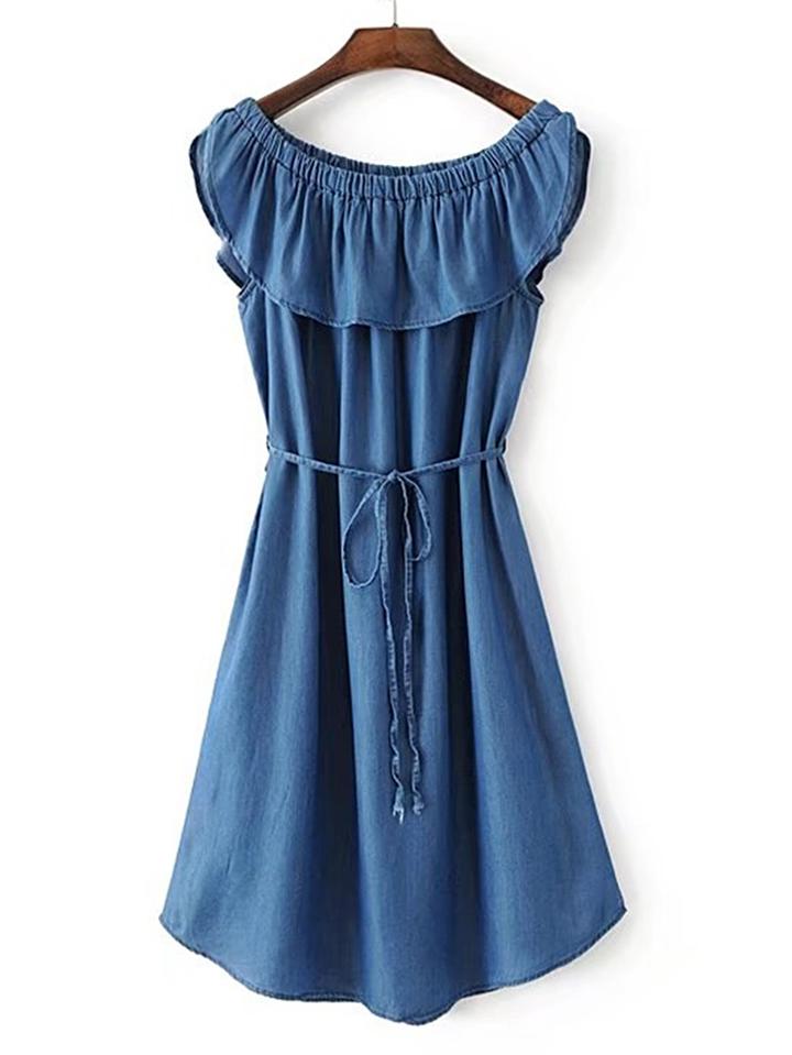 Shein Boat Neckline Tie Waist Denim Dress