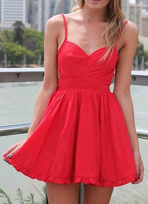 Shein Red Spaghetti Strap Pleated Flare Dress