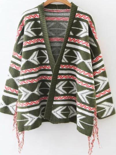 Shein Army Green Geometric Pattern Fringe Detail Cardigan